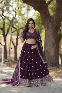 Sequence With Embroidered Work Wine Color Lehenga Choli