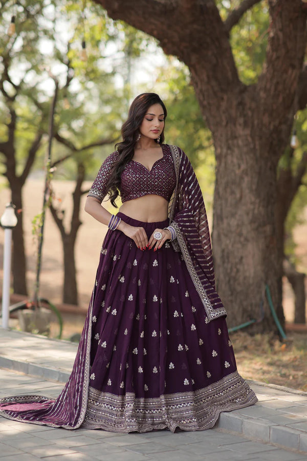 Sequence With Embroidered Work Wine Color Lehenga Choli