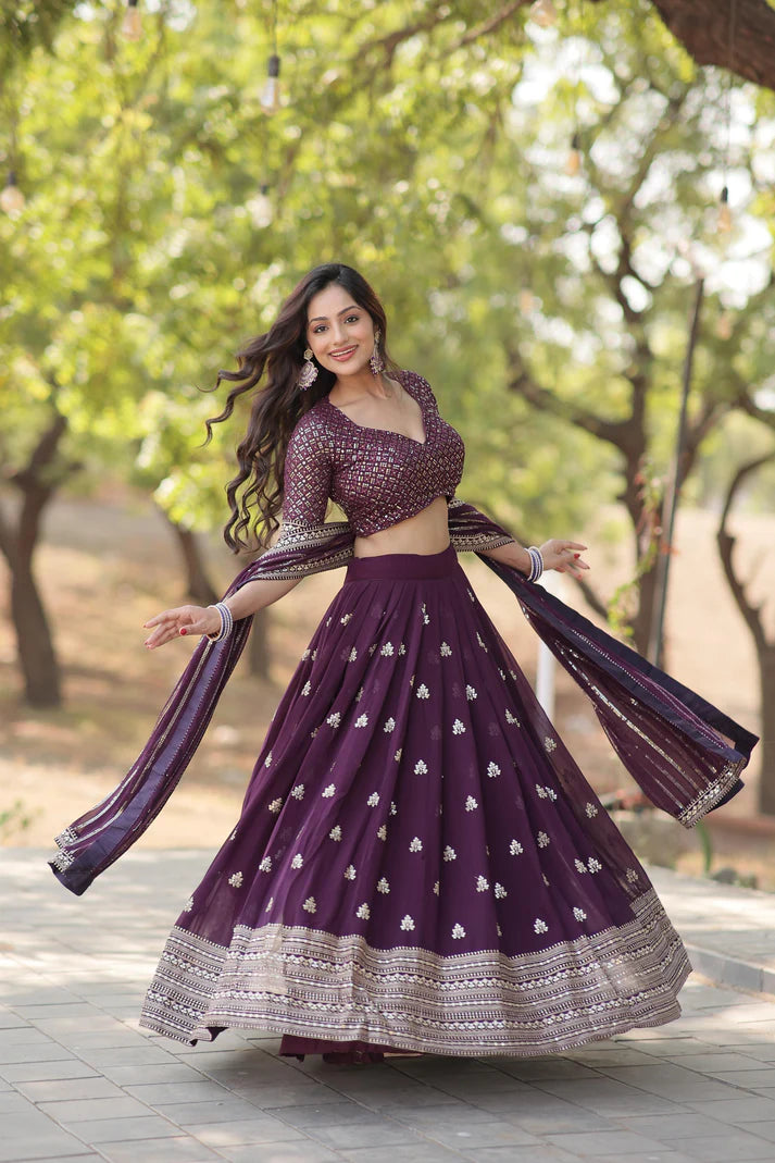 Sequence With Embroidered Work Wine Color Lehenga Choli