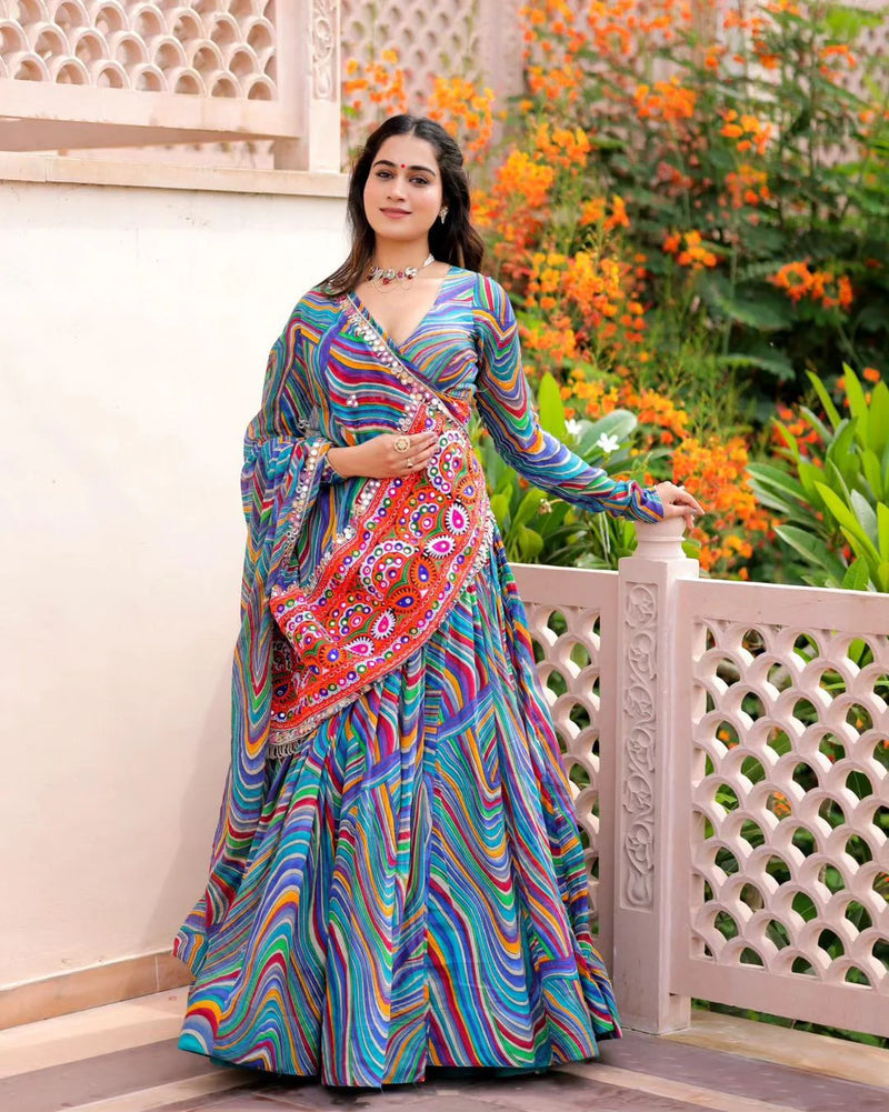 Stylish Multi Leheriya Printed Sky Blue Color Lehenga Choli