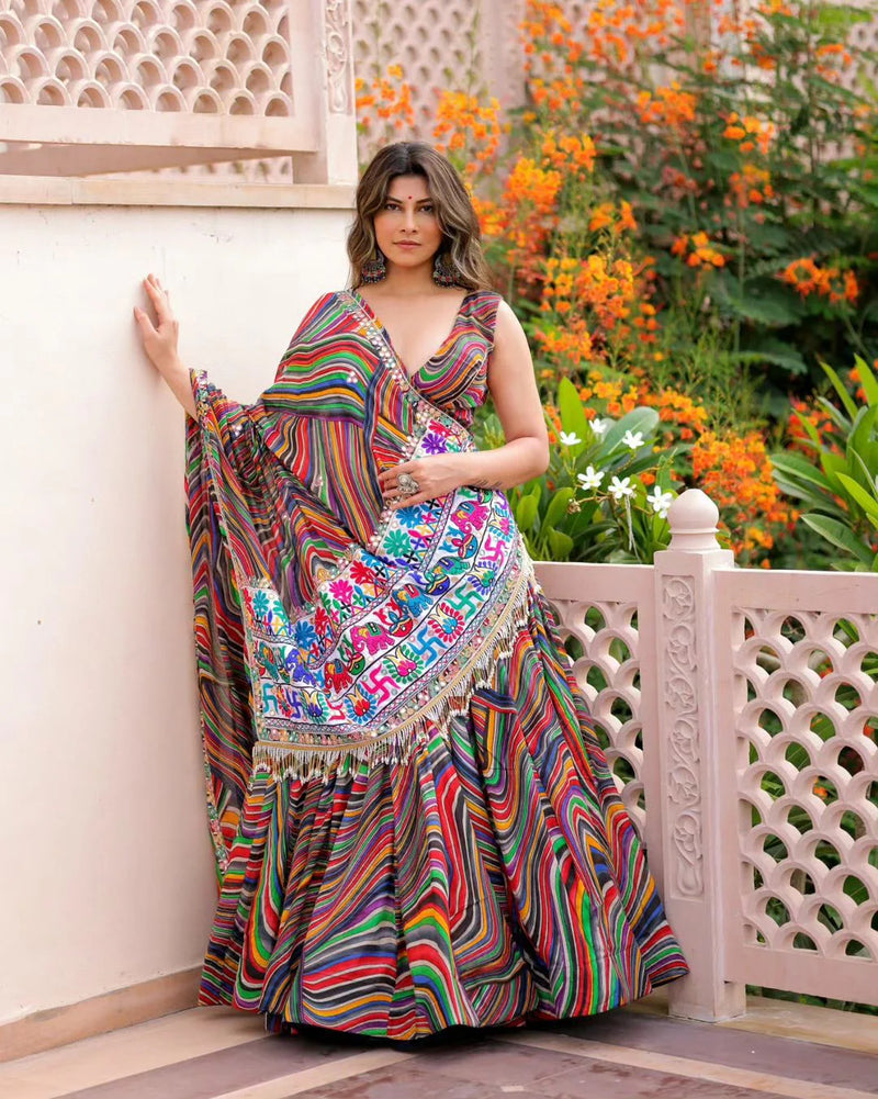 Stylish Multi Color Leheriya Printed Lehenga Choli