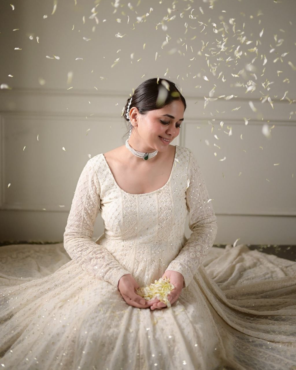 Lakhnawi White Embroidered Georgette Long Anarkali Gown With Dupatta