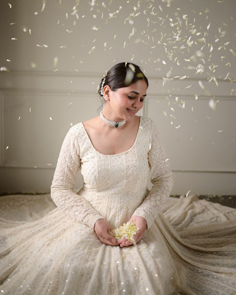 Lakhnawi White Embroidered Georgette Long Anarkali Gown With Dupatta