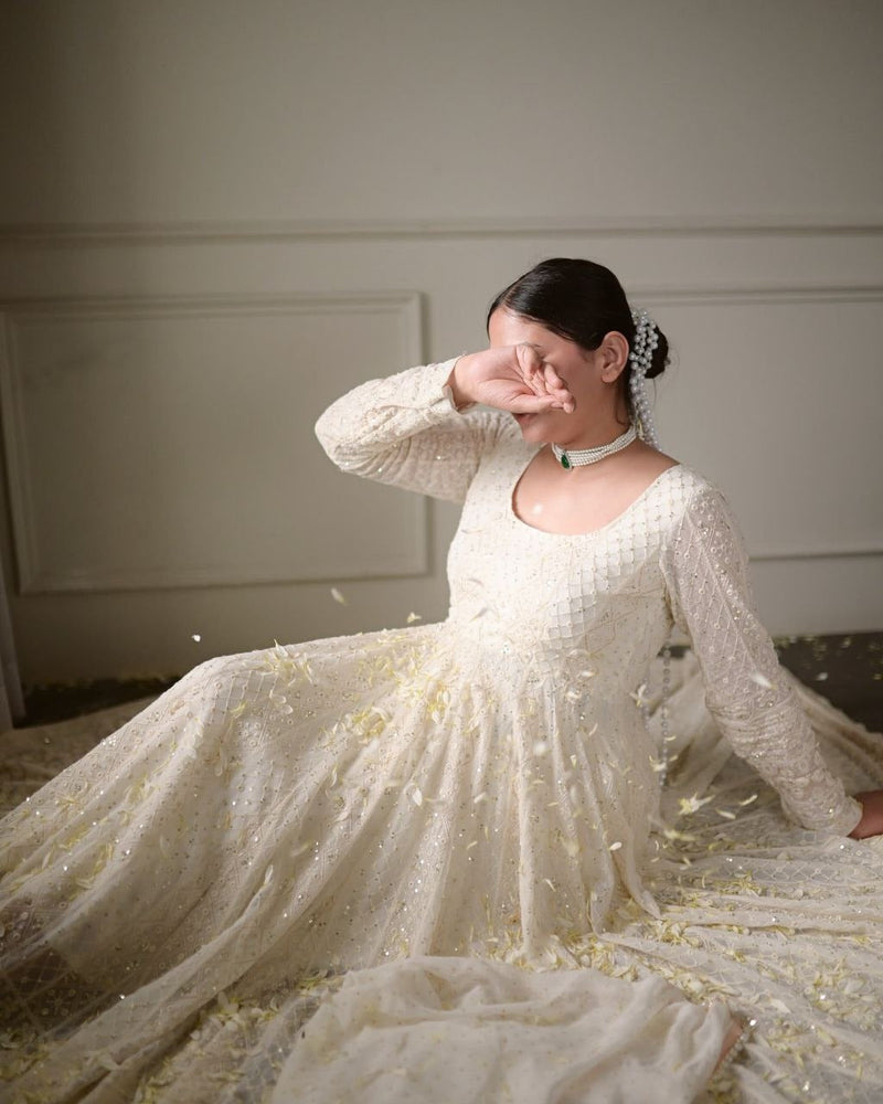 Lakhnawi White Embroidered Georgette Long Anarkali Gown With Dupatta