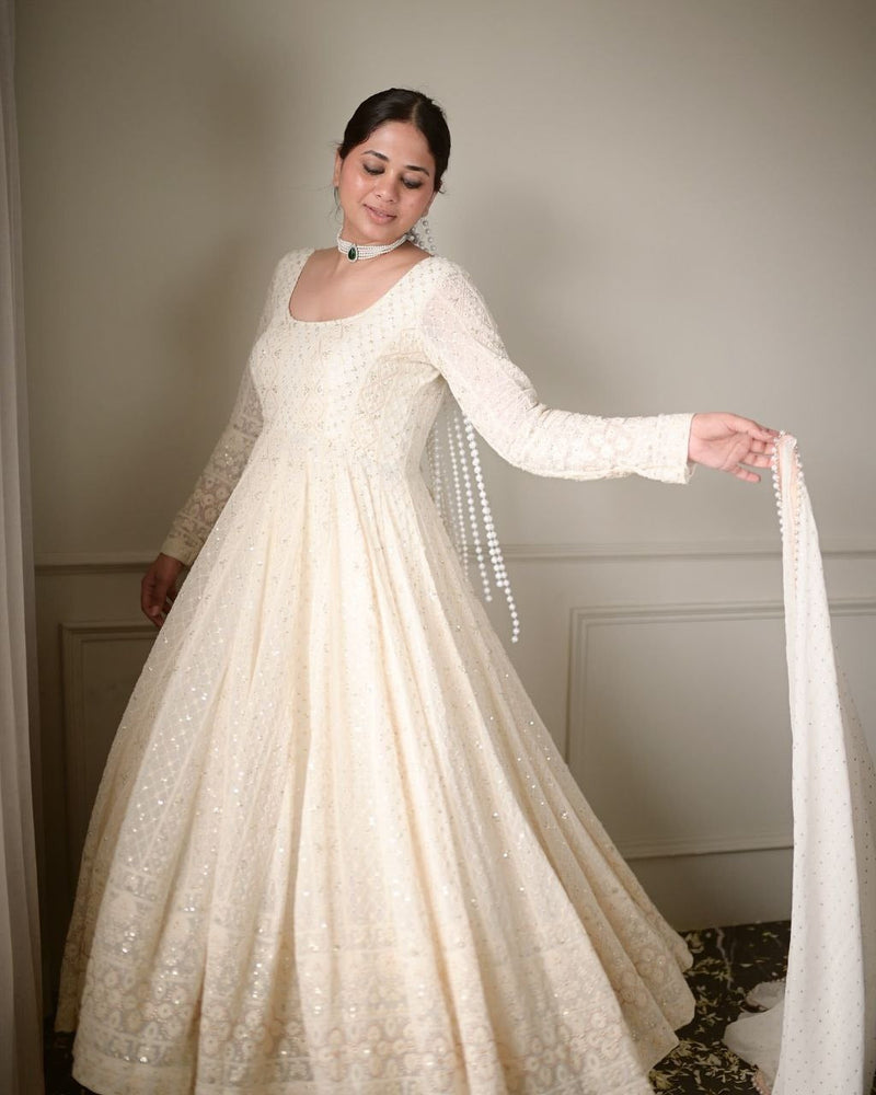 Lakhnawi White Embroidered Georgette Long Anarkali Gown With Dupatta subhvastra Lakhnawi White Embroidered Georgette Long Anarkali Gown With Dupatta subhvastra