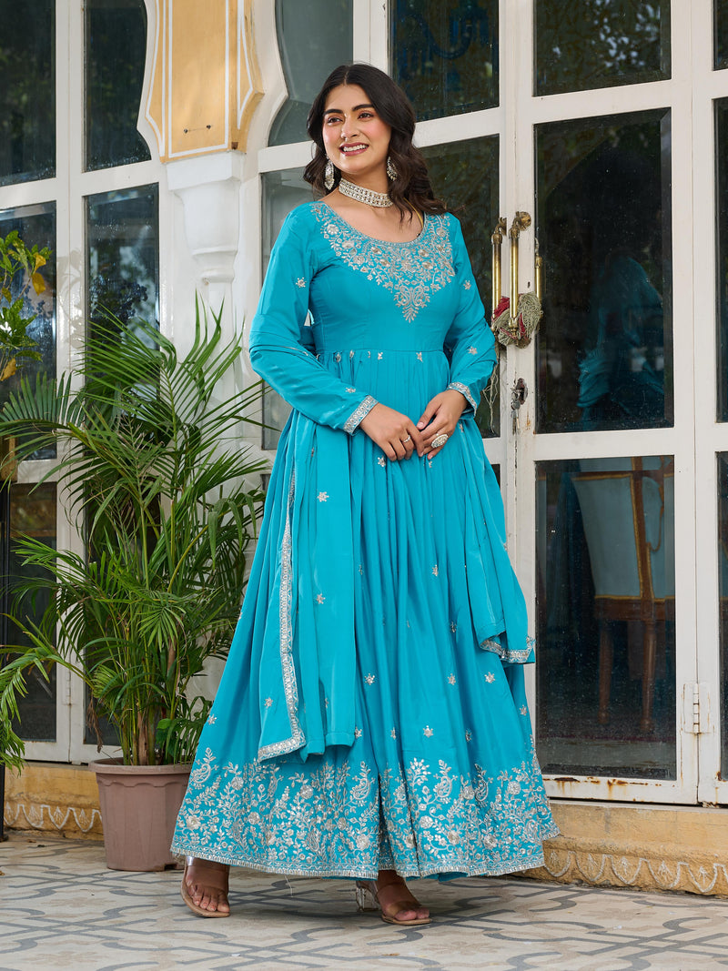Sky Blue Color American Silk Thred with Sequnce work Gown