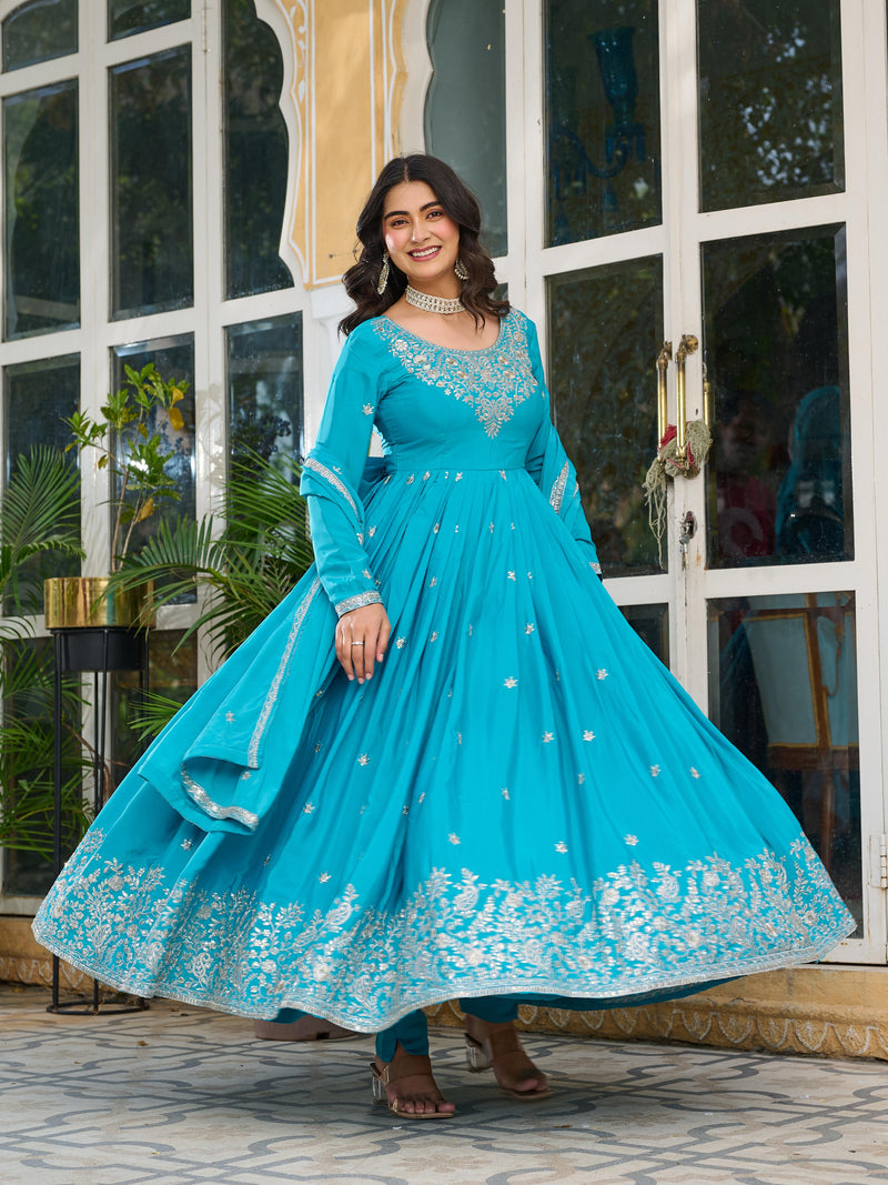 Sky Blue Color American Silk Thred with Sequnce work Gown