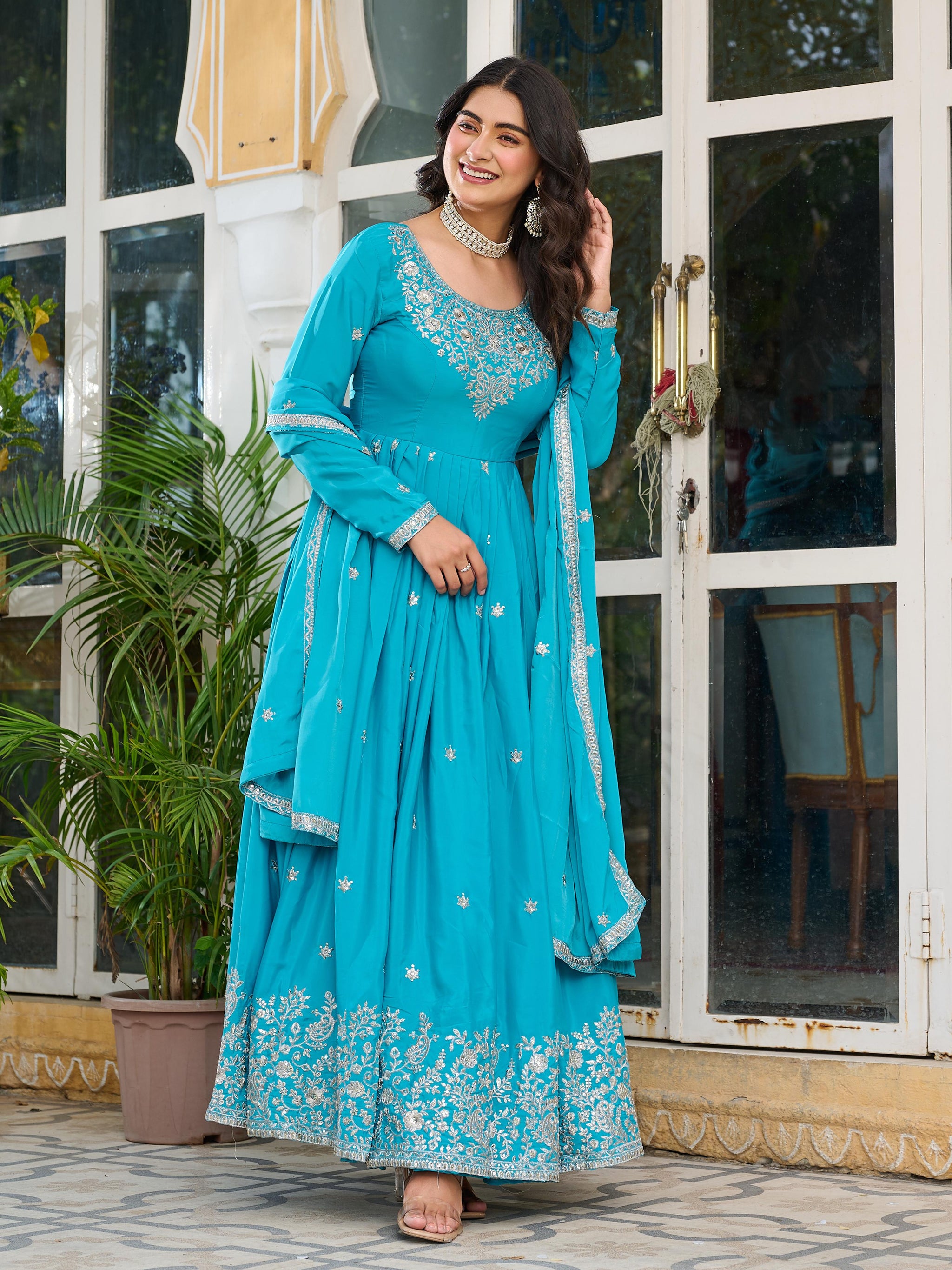 Sky Blue Color American Silk Thred with Sequnce work Gown