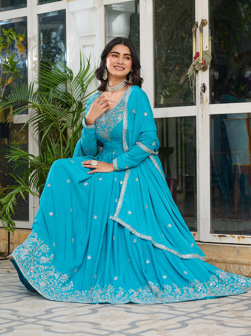 Sky Blue Color American Silk Thred with Sequnce work Gown