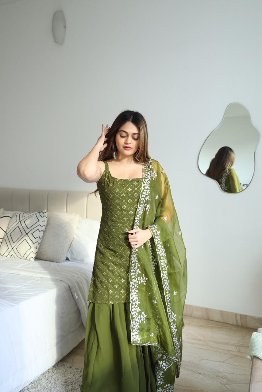 Mehndi Outfit Green Kurta And Sharara Suit with Dupatta For Mehndi Ceremony
