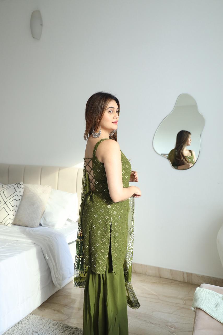 Mehndi Outfit Green Kurta And Sharara Suit with Dupatta For Mehndi Ceremony