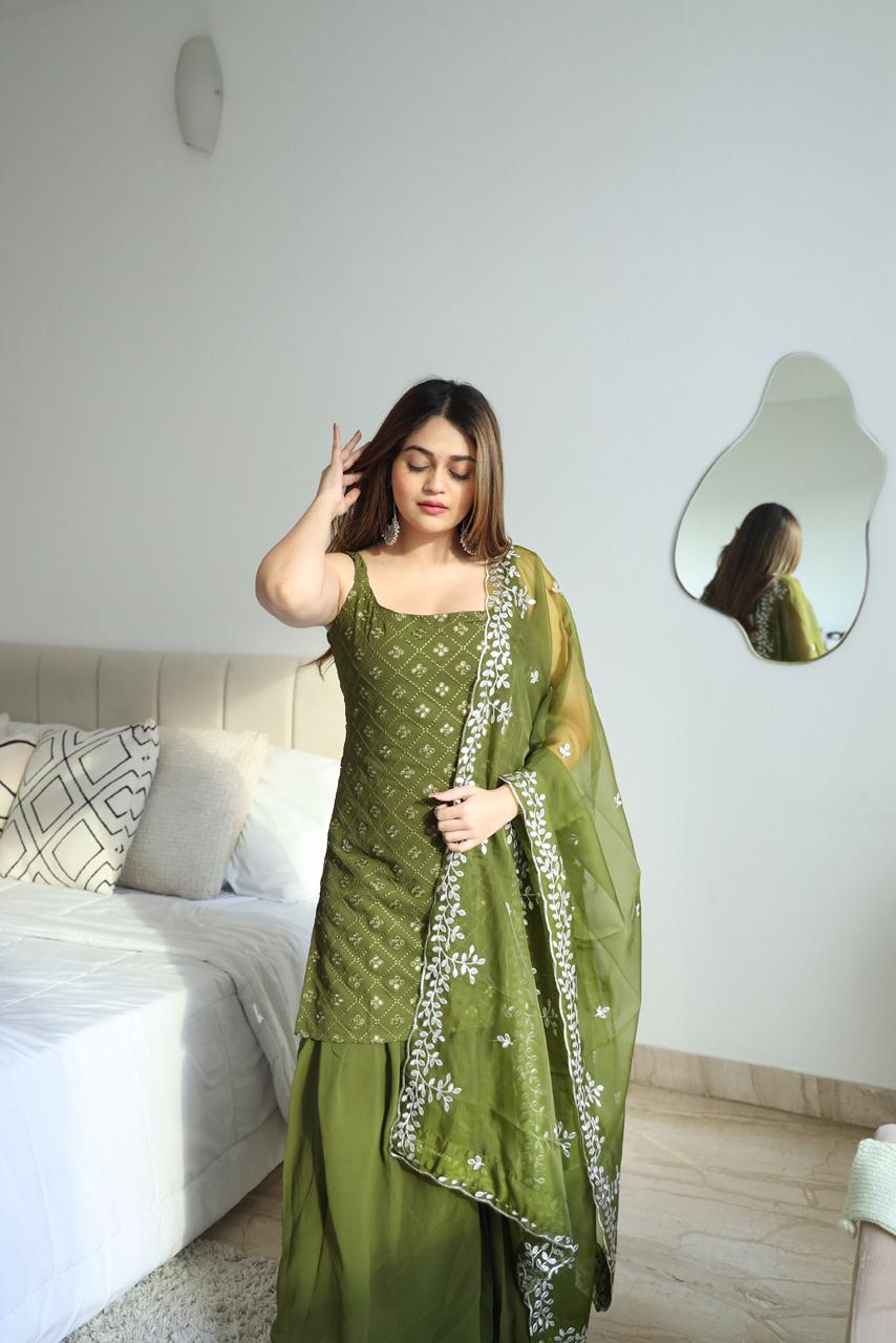 Mehndi Outfit Green Kurta And Sharara Suit with Dupatta For Mehndi Ceremony