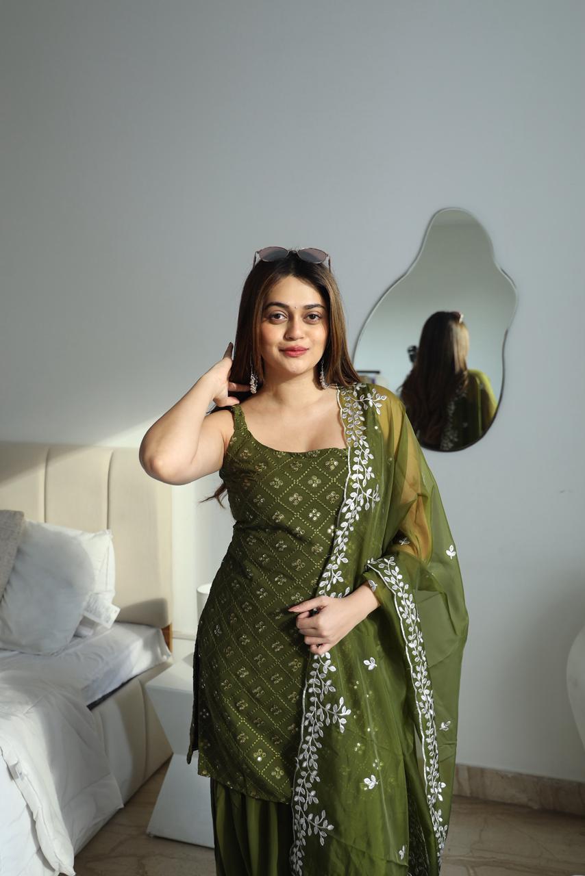 Mehndi Outfit Green Kurta And Sharara Suit with Dupatta For Mehndi Ceremony