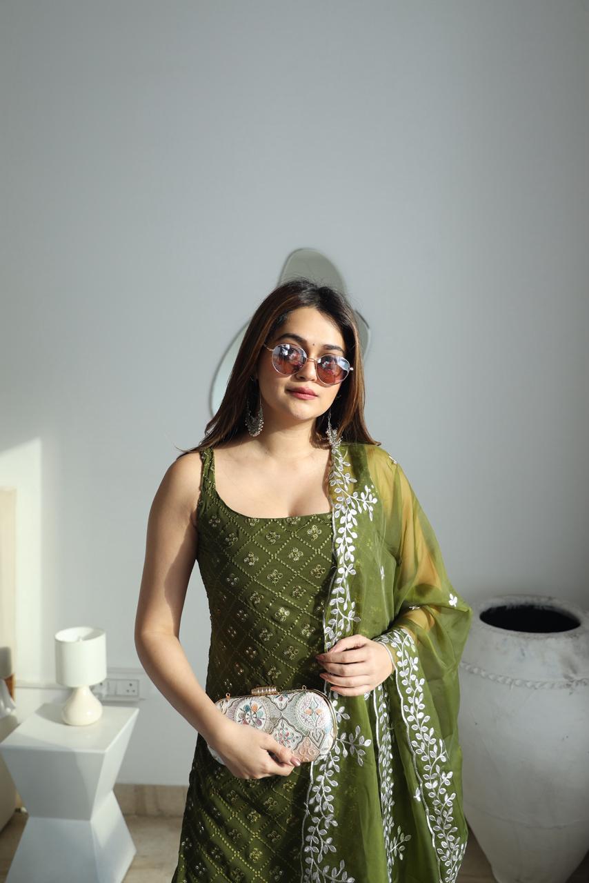 Mehndi Outfit Green Kurta And Sharara Suit with Dupatta For Mehndi Ceremony