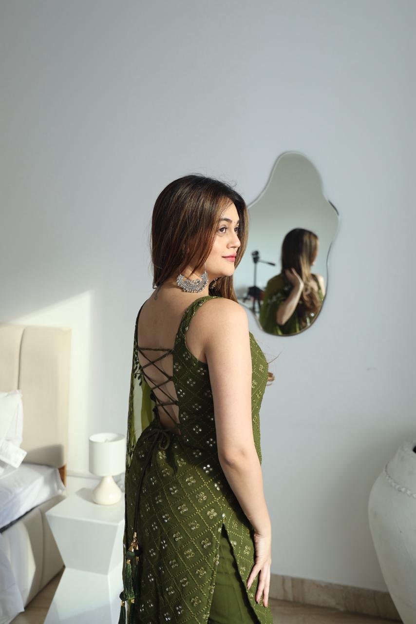 Mehndi Outfit Green Kurta And Sharara Suit with Dupatta For Mehndi Ceremony