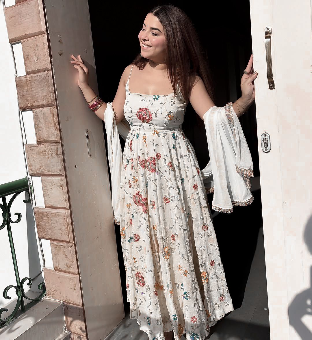 White Floral Embroidered Anarkali Gown with Dupatta | Wedding Ethnic Set