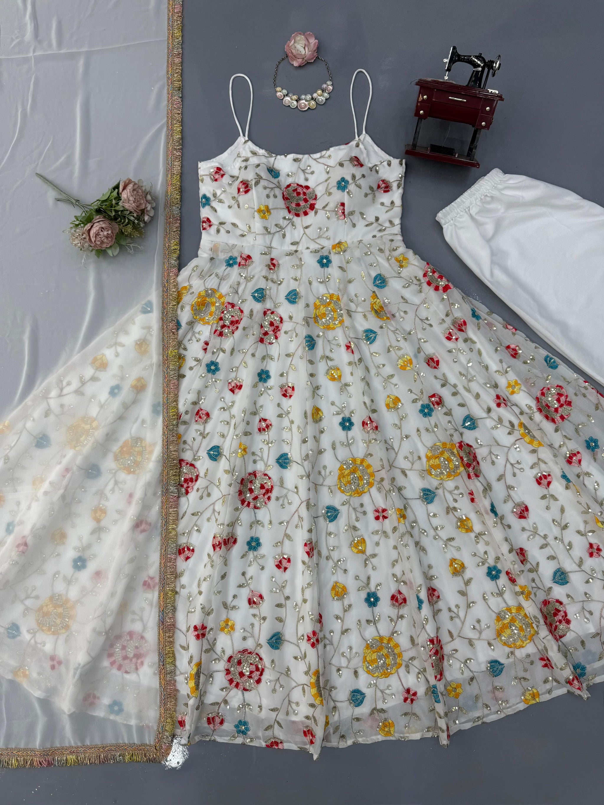 White Floral Embroidered Anarkali Gown with Dupatta | Wedding Ethnic Set