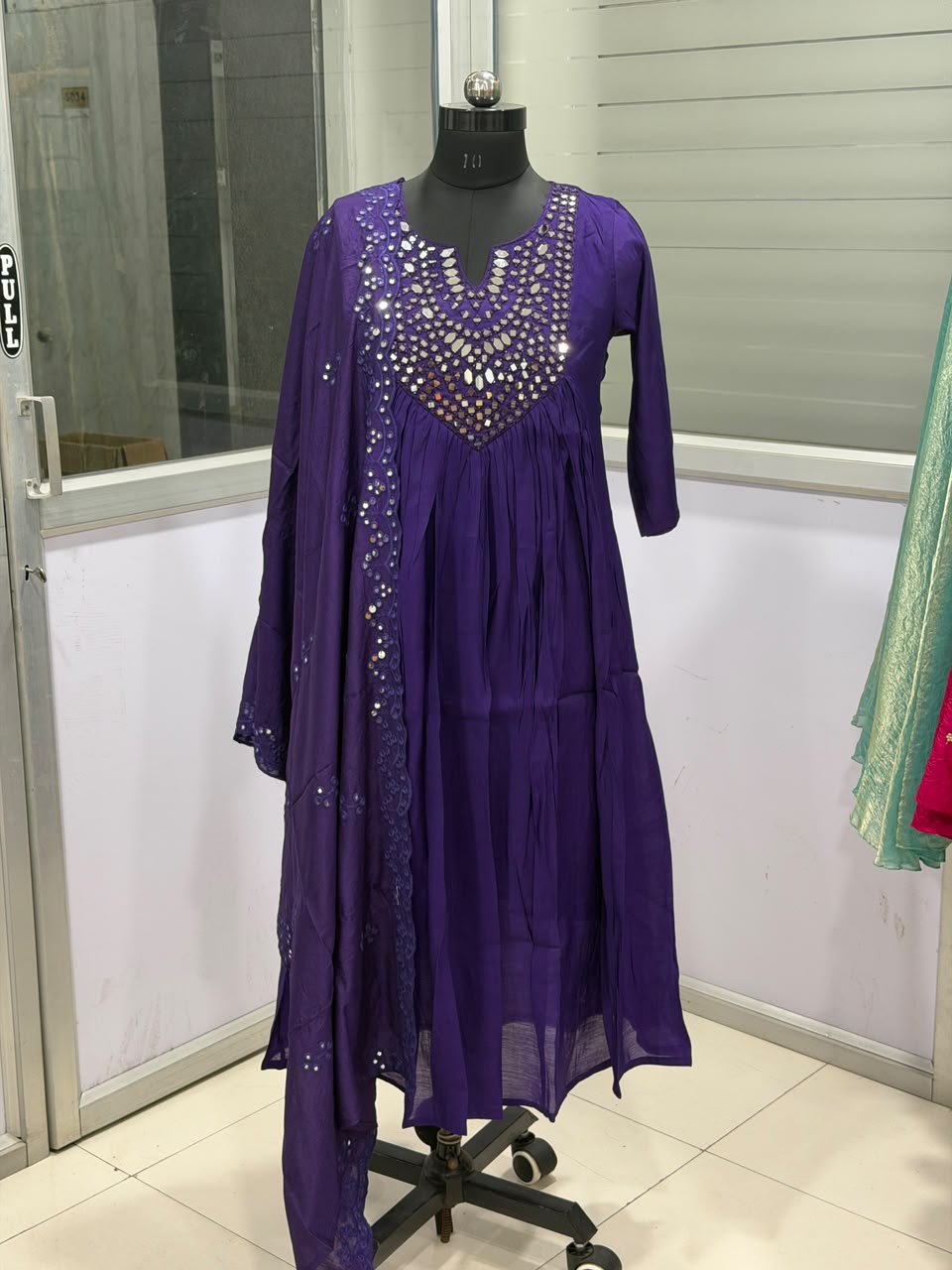 Purple Mirror Work Anarkali Kurta Set with Embroidered Dupatta