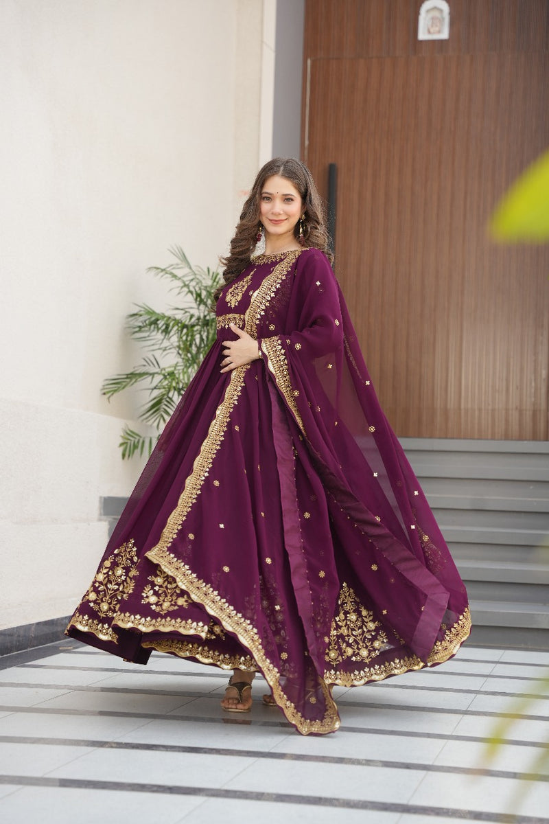 Heavy Designer Gown in Wine Georgette With Sequence Embroidery Work and Dupatta
