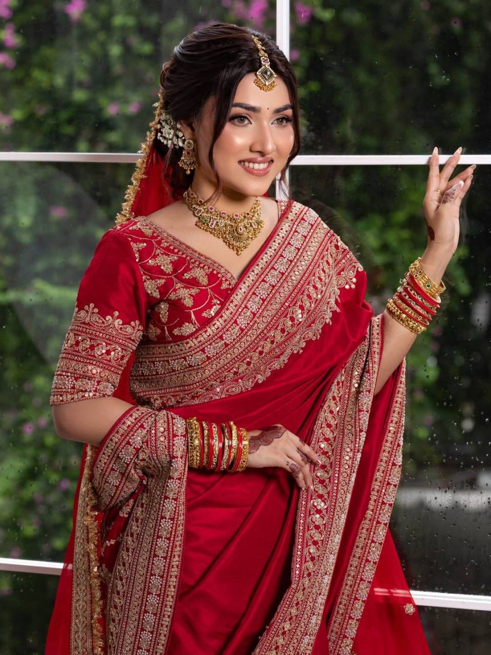 Red Embroidery Satin Saree with Dupatta | Durga Puja & Karwa Chauth Saree