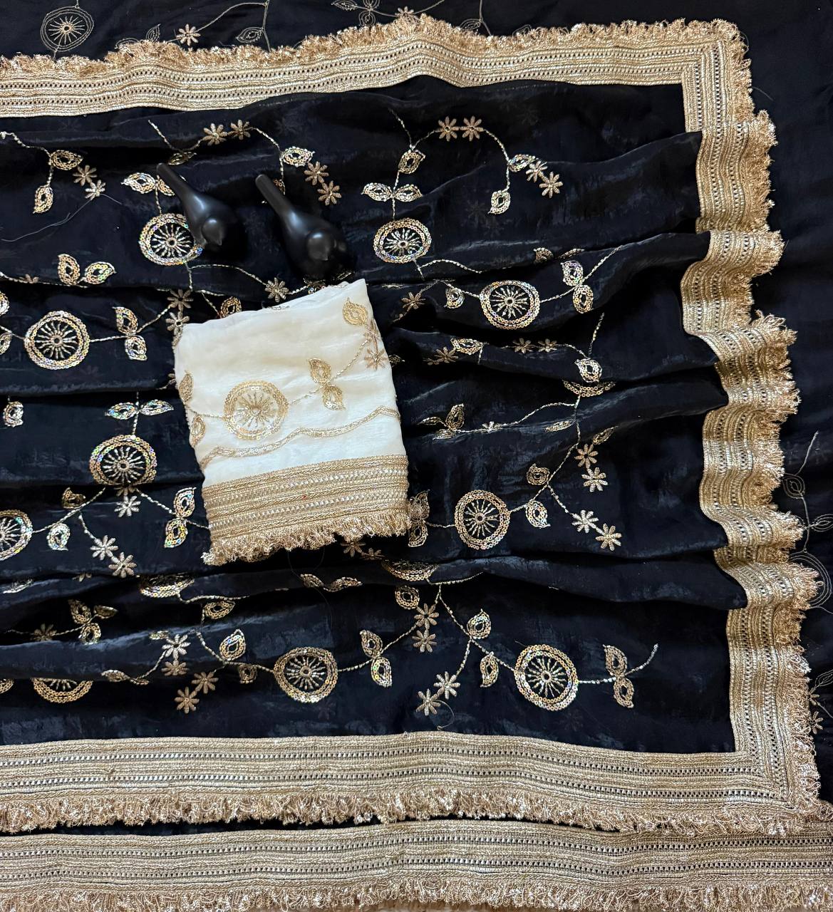 Black Pure Fancy Satin Saree with Off-White Floral Sequin Embroidery Blouse & Fringe Lace