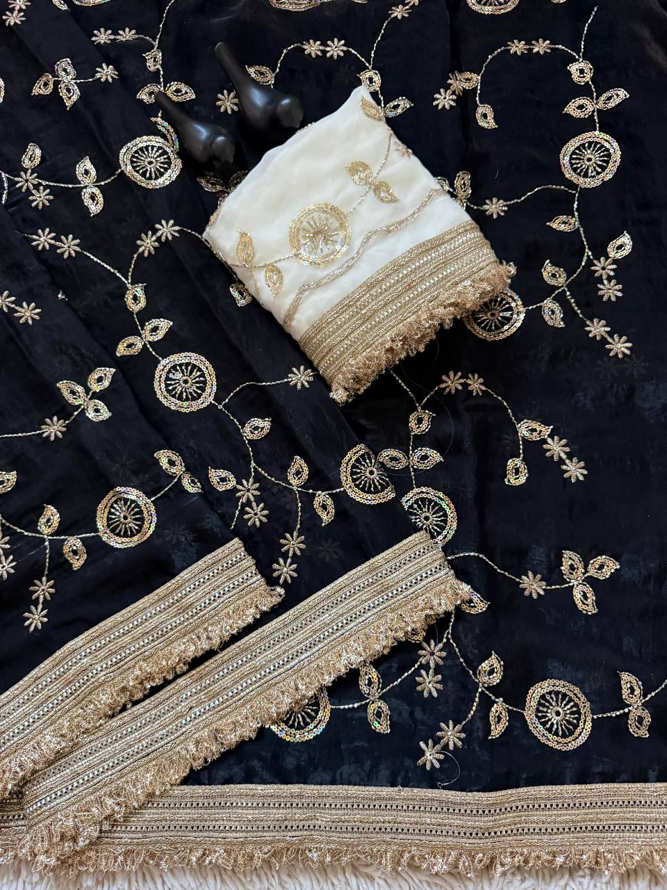 Black Pure Fancy Satin Saree with Off-White Floral Sequin Embroidery Blouse & Fringe Lace