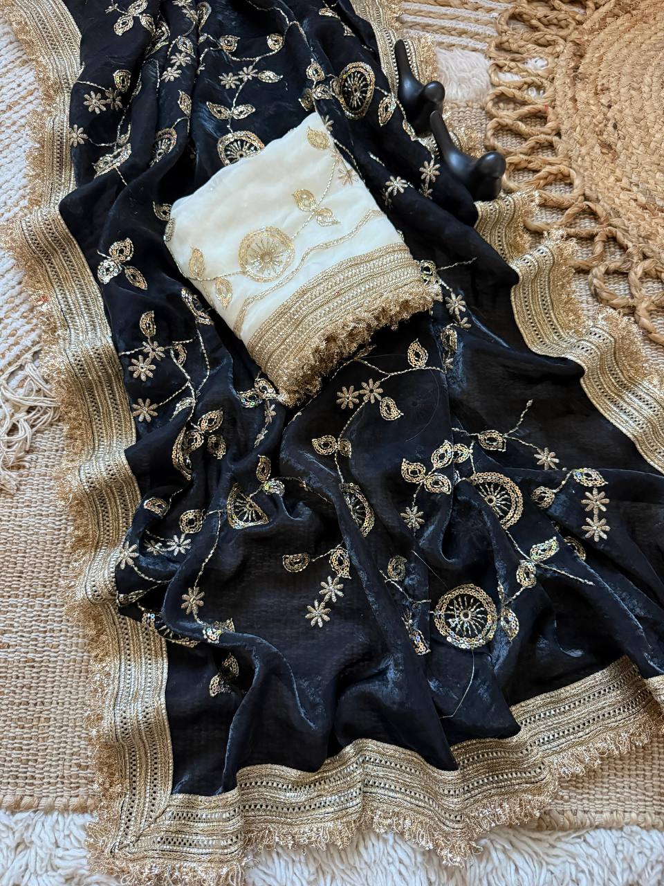 Black Pure Fancy Satin Saree with Off-White Floral Sequin Embroidery Blouse & Fringe Lace