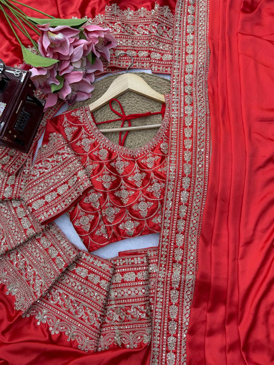 Red Embroidery Satin Saree with Dupatta | Durga Puja & Karwa Chauth Saree