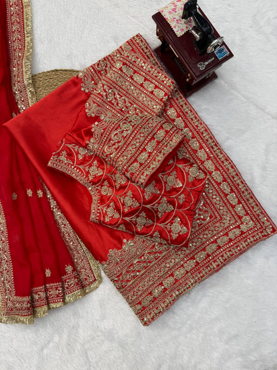Red Embroidery Satin Saree with Dupatta | Durga Puja & Karwa Chauth Saree