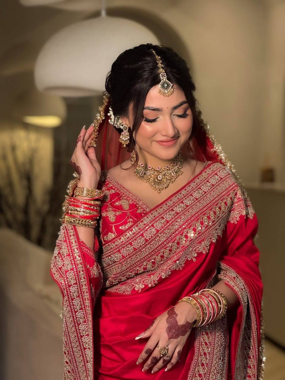 Red Embroidery Satin Saree with Dupatta | Durga Puja & Karwa Chauth Saree