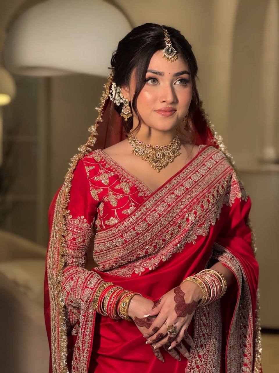 Red Embroidery Satin Saree with Dupatta | Durga Puja & Karwa Chauth Saree