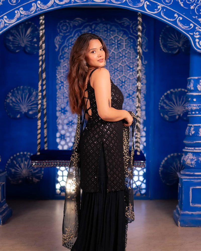 Black Embroidered Sharara Suit Set With kurta & dupatta for Special Occasions