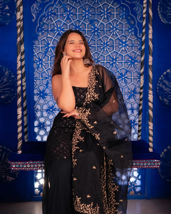 Black Embroidered Sharara Suit Set With kurta & dupatta for Special Occasions