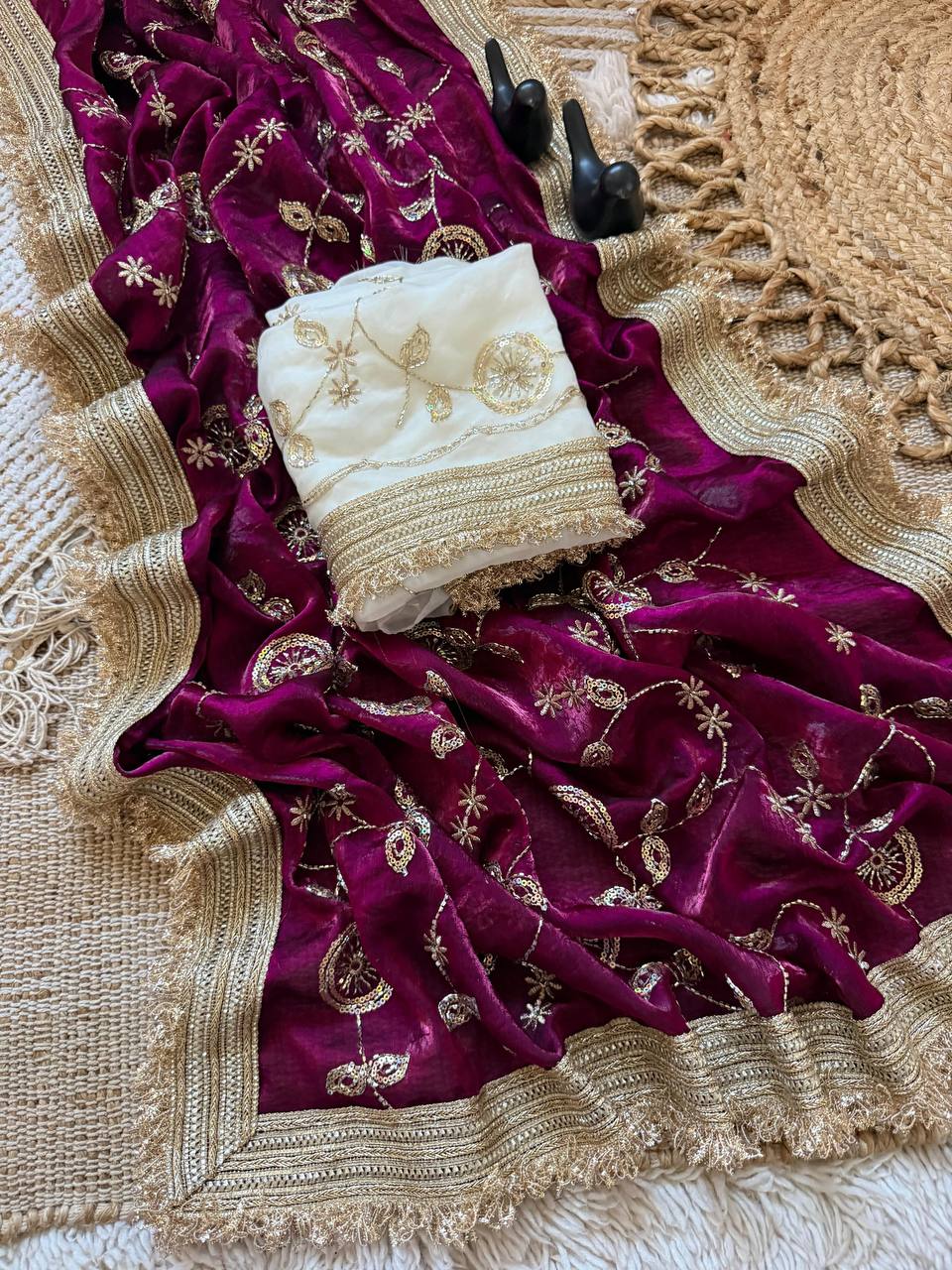 Magenta Pink Pure Fancy Satin Saree with Off-White Floral Sequin Embroidery Blouse & Fringe Lace