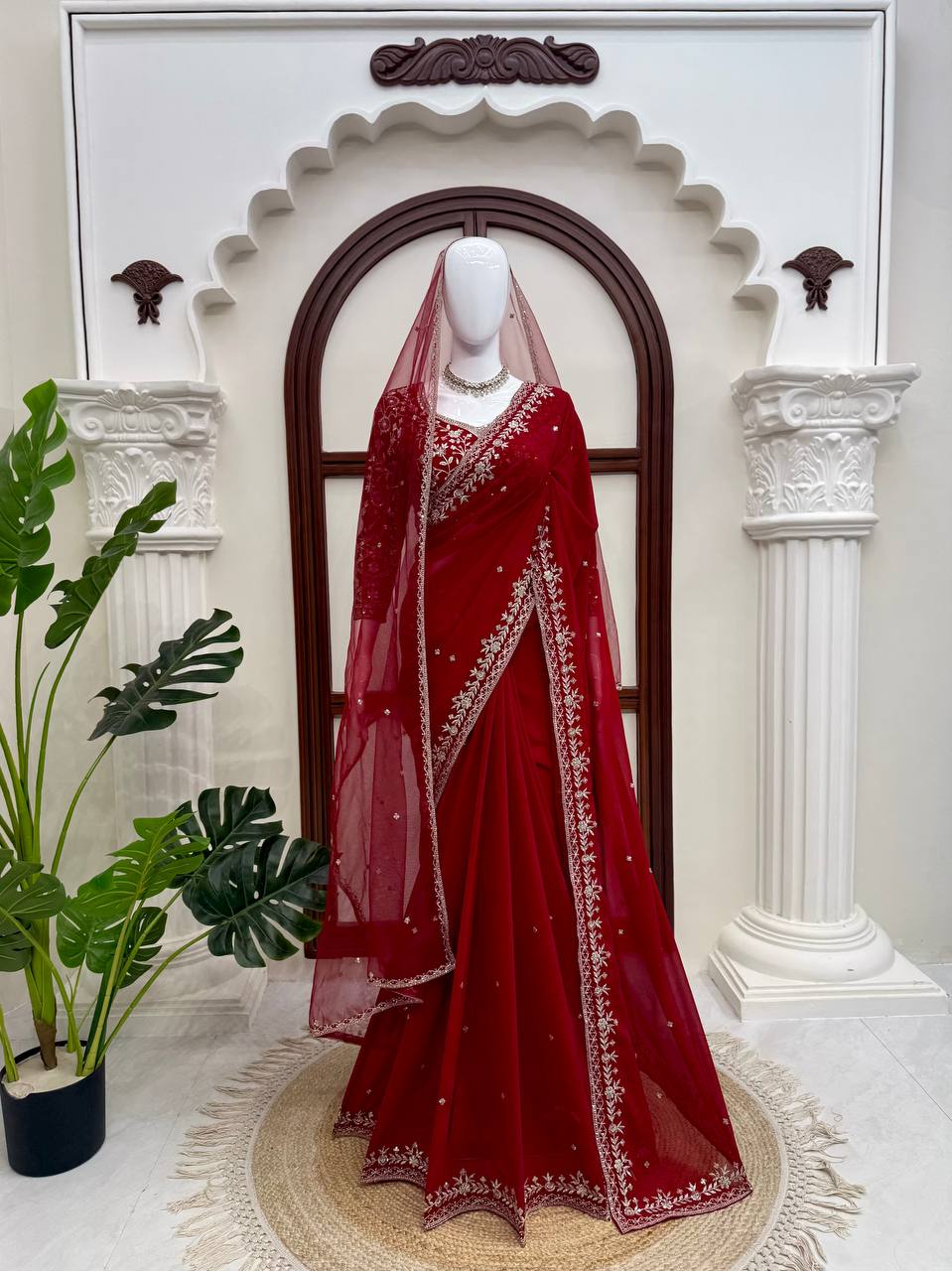 Deep Red Embroidered Saree With Dupatta – Traditional Karwa Chauth & Durga Puja Saree