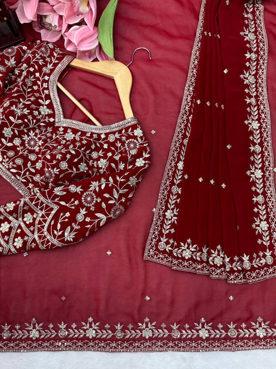 Deep Red Embroidered Saree With Dupatta – Traditional Karwa Chauth & Durga Puja Saree