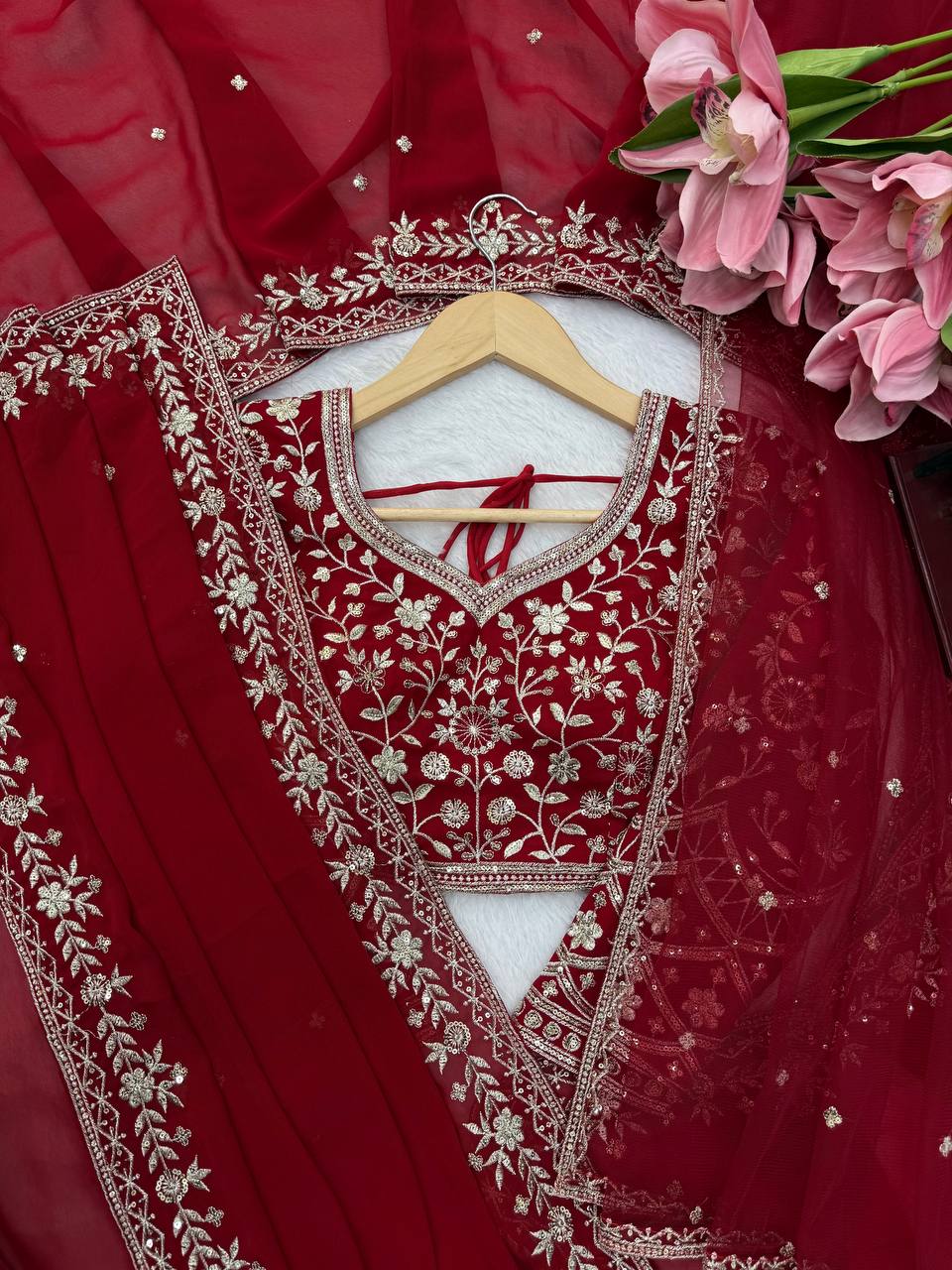 Deep Red Embroidered Saree With Dupatta – Traditional Karwa Chauth & Durga Puja Saree