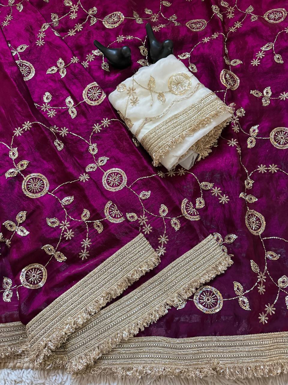 Magenta Pink Pure Fancy Satin Saree with Off-White Floral Sequin Embroidery Blouse & Fringe Lace