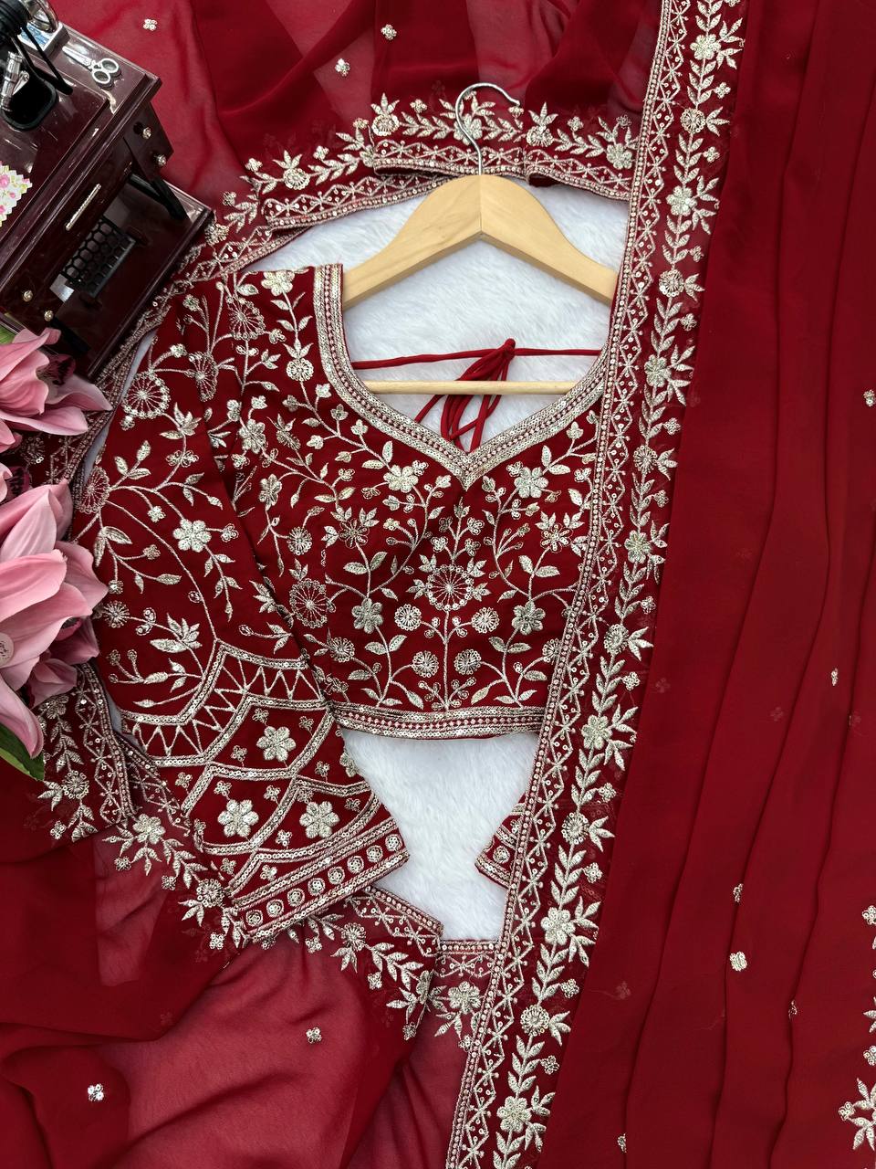Deep Red Embroidered Saree With Dupatta – Traditional Karwa Chauth & Durga Puja Saree