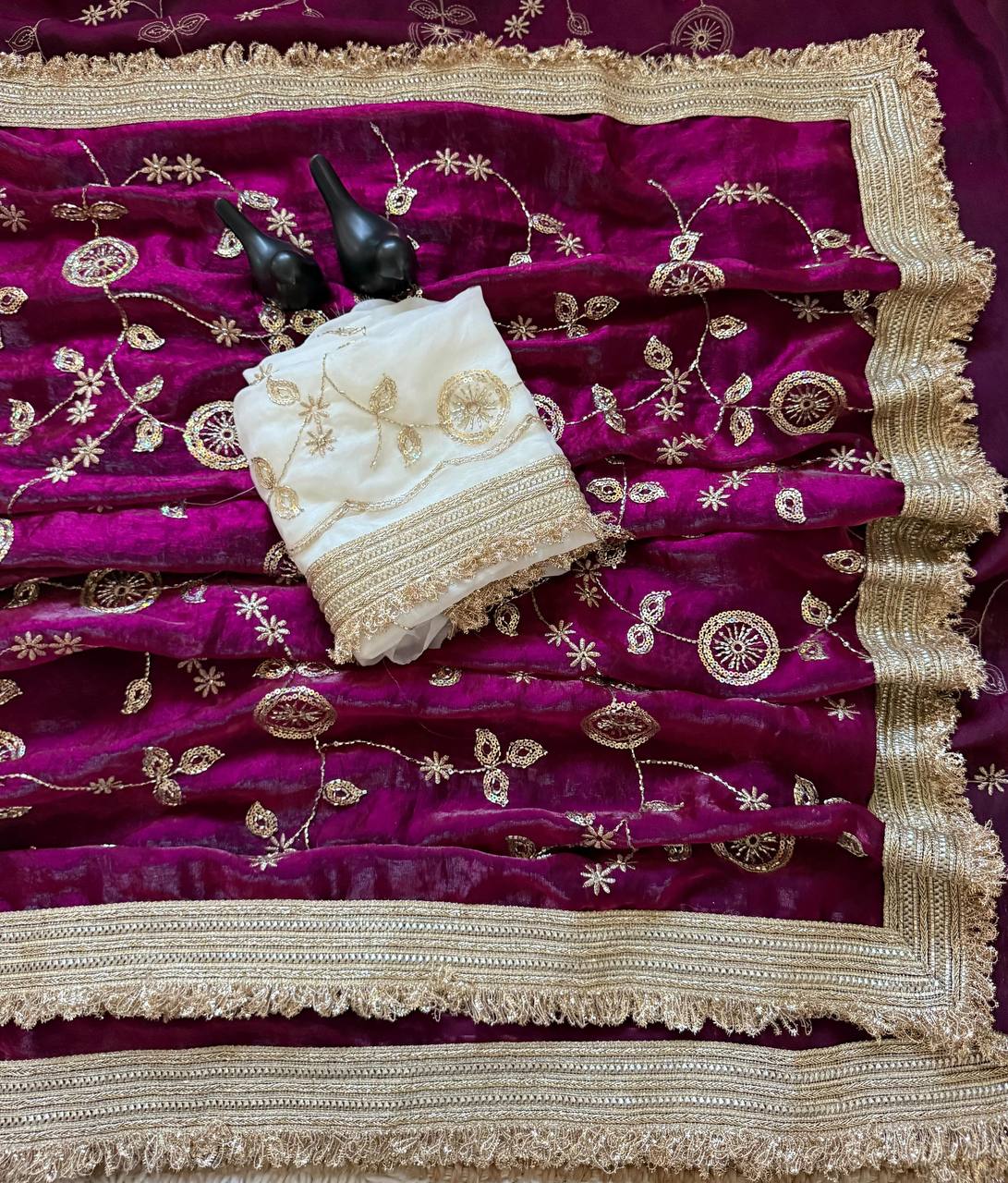 Magenta Pink Pure Fancy Satin Saree with Off-White Floral Sequin Embroidery Blouse & Fringe Lace