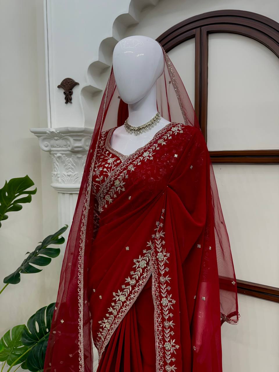 Deep Red Embroidered Saree With Dupatta – Traditional Karwa Chauth & Durga Puja Saree