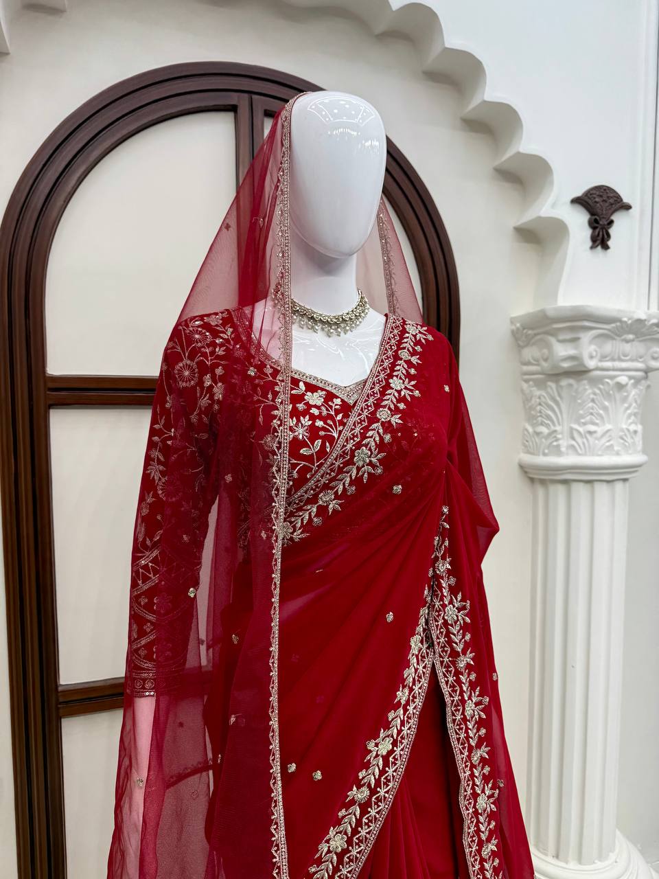 Deep Red Embroidered Saree With Dupatta – Traditional Karwa Chauth & Durga Puja Saree