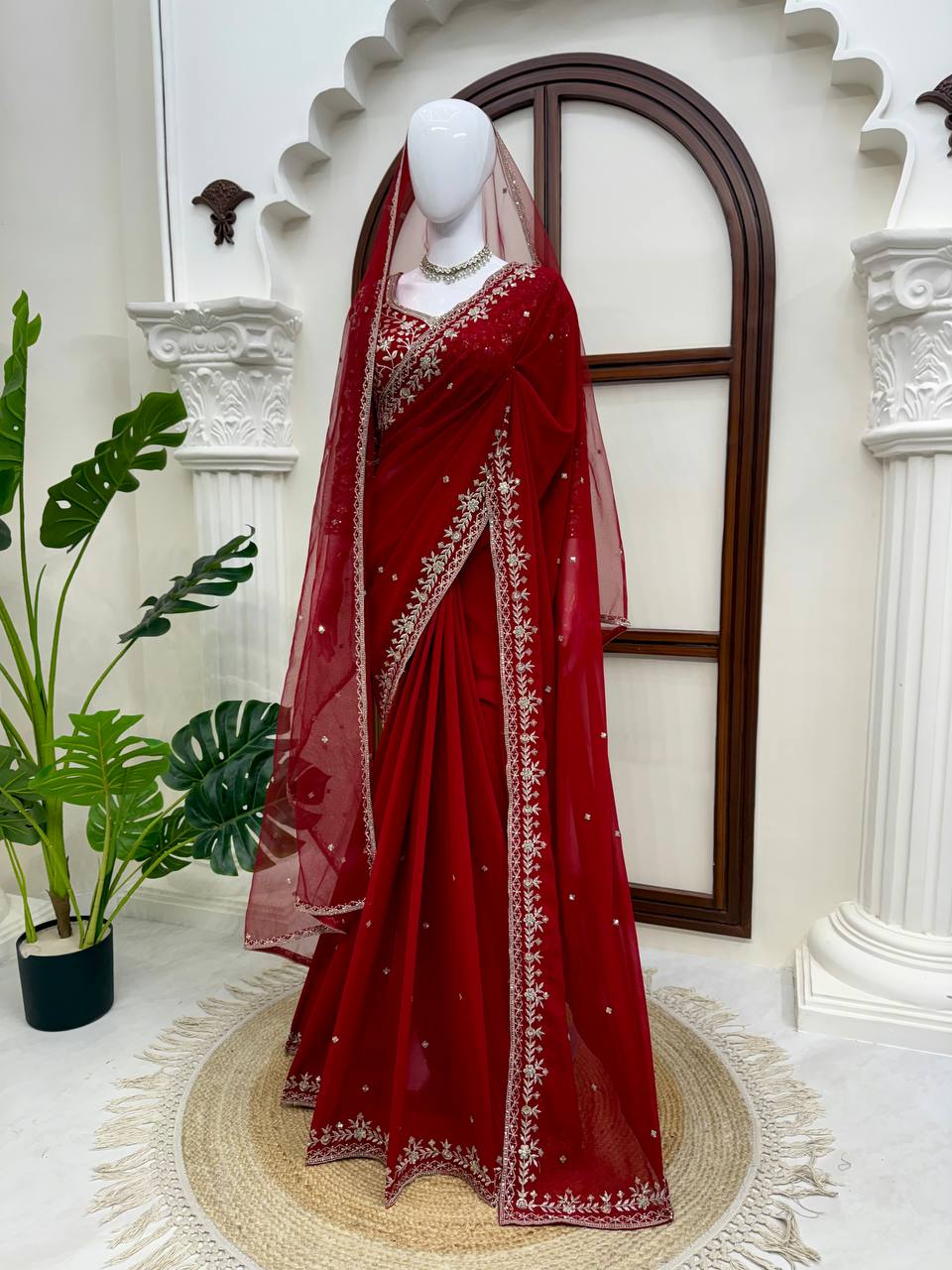 Deep Red Embroidered Saree With Dupatta – Traditional Karwa Chauth & Durga Puja Saree