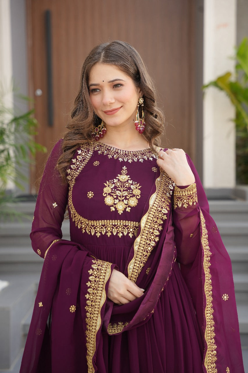 Heavy Designer Gown in Wine Georgette With Sequence Embroidery Work and Dupatta