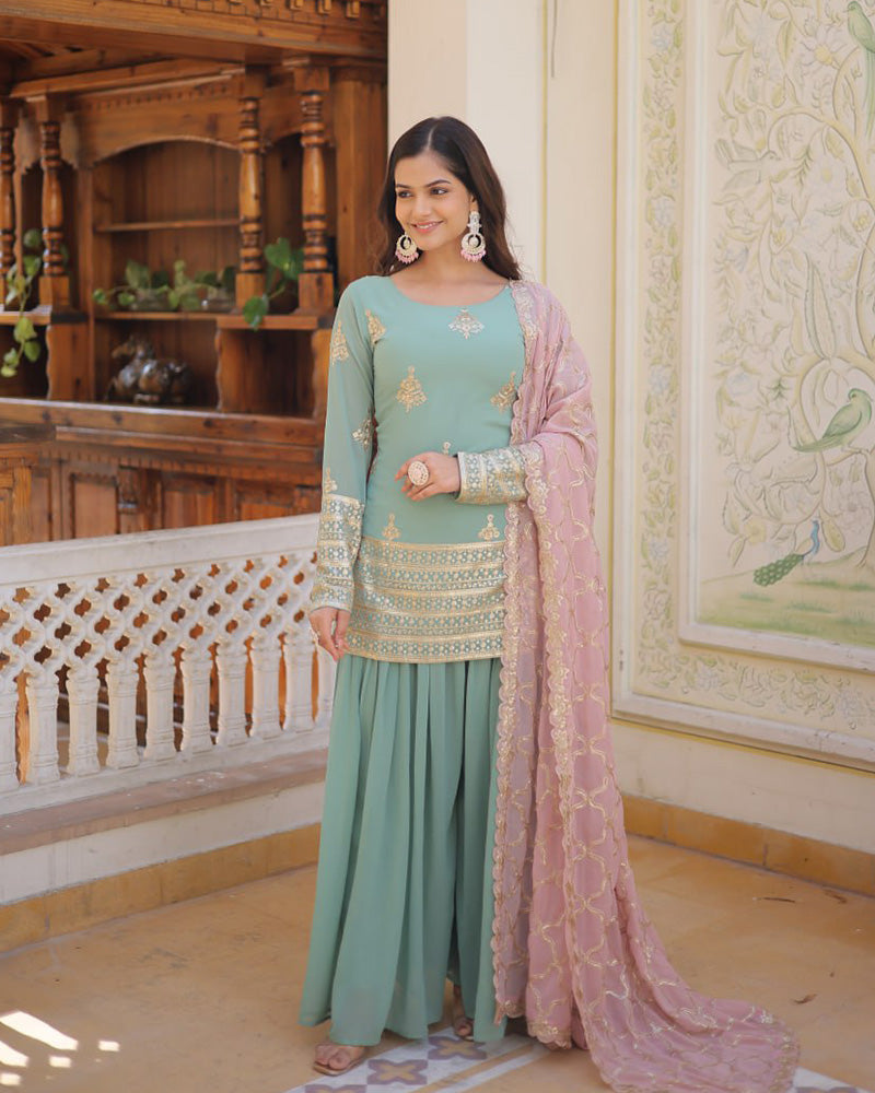 Beautiful Bottle Green Color Georgette Three Piece Plazzo Suit