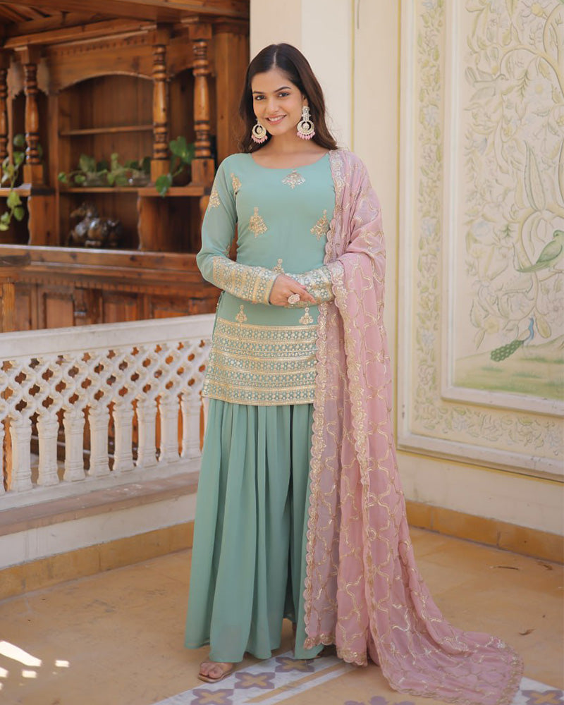 Beautiful Bottle Green Color Georgette Three Piece Plazzo Suit