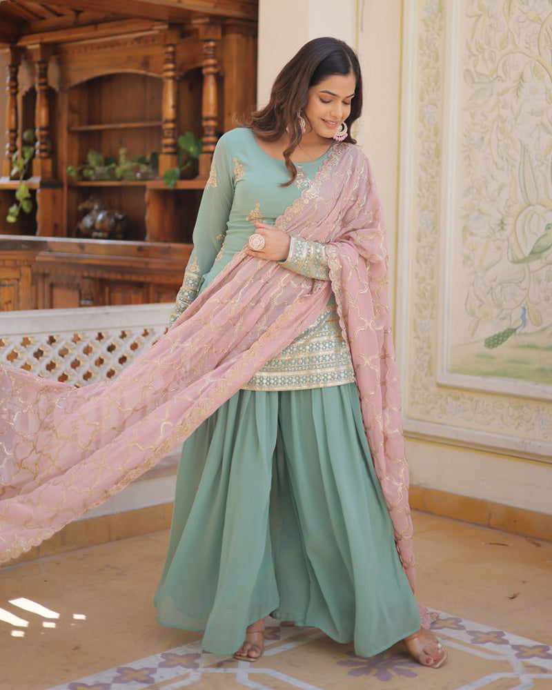 Beautiful Bottle Green Color Georgette Three Piece Plazzo Suit