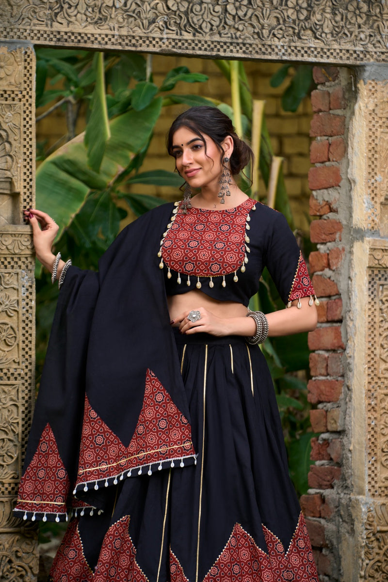 Black Color Cotton Paper Mirror Work Navratri Lehenga Choli