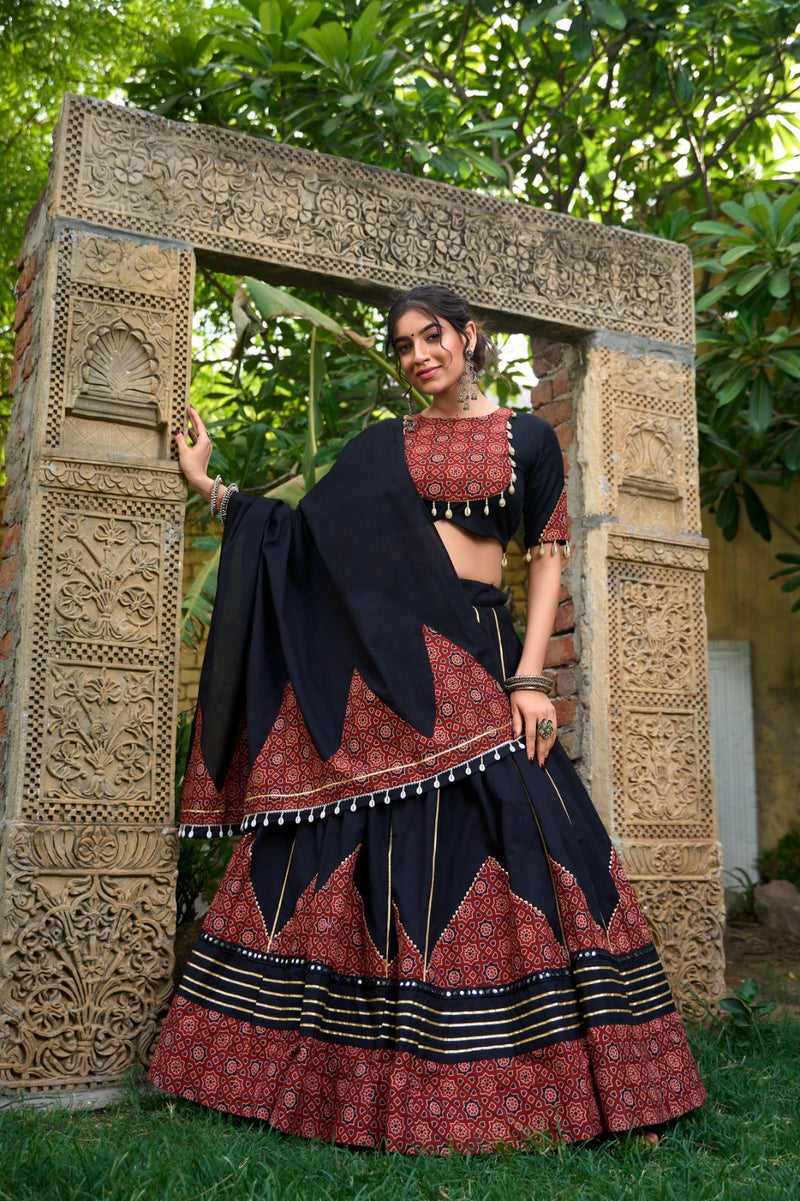 Black Color Cotton Paper Mirror Work Navratri Lehenga Choli