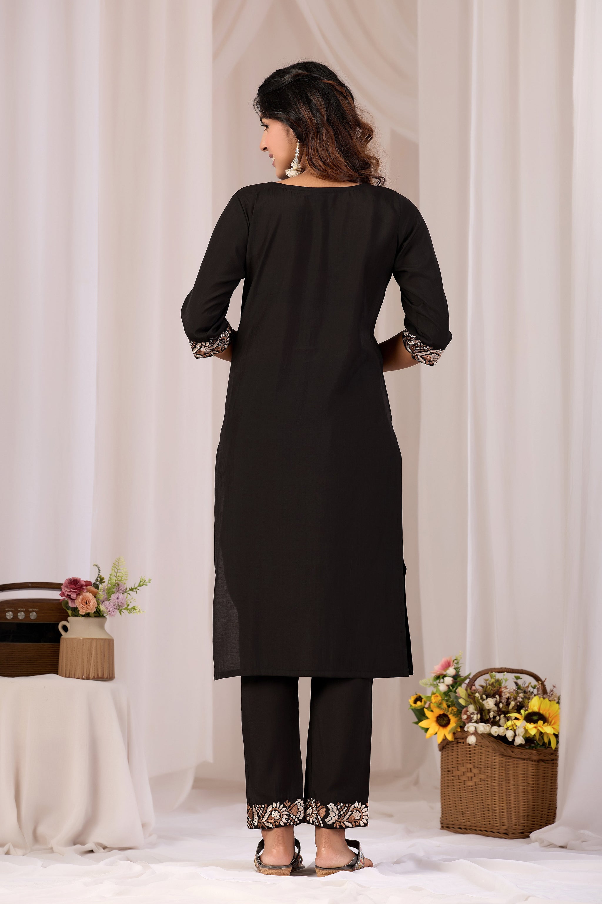 Black Embroidery Neck Work Cotton Straight Kurta Set for Women